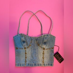 CROPPED STUDDED DENIM BUSTIER TOP SIZE S